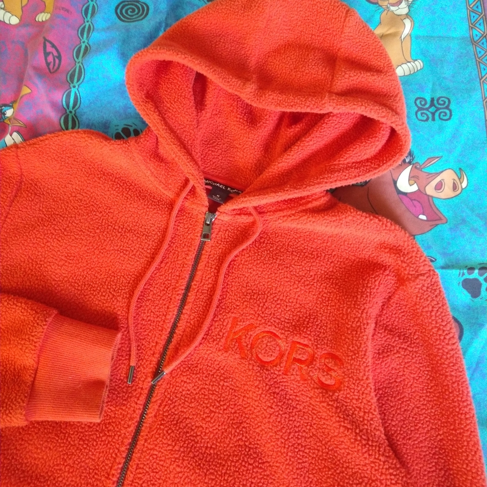 Michael Kors Fleece Zip Up Hoodie Medium Gunmetal Zippers Orange Full